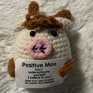 Emotional Support Crocheted Positivity Cow Plush with Motivational Sign